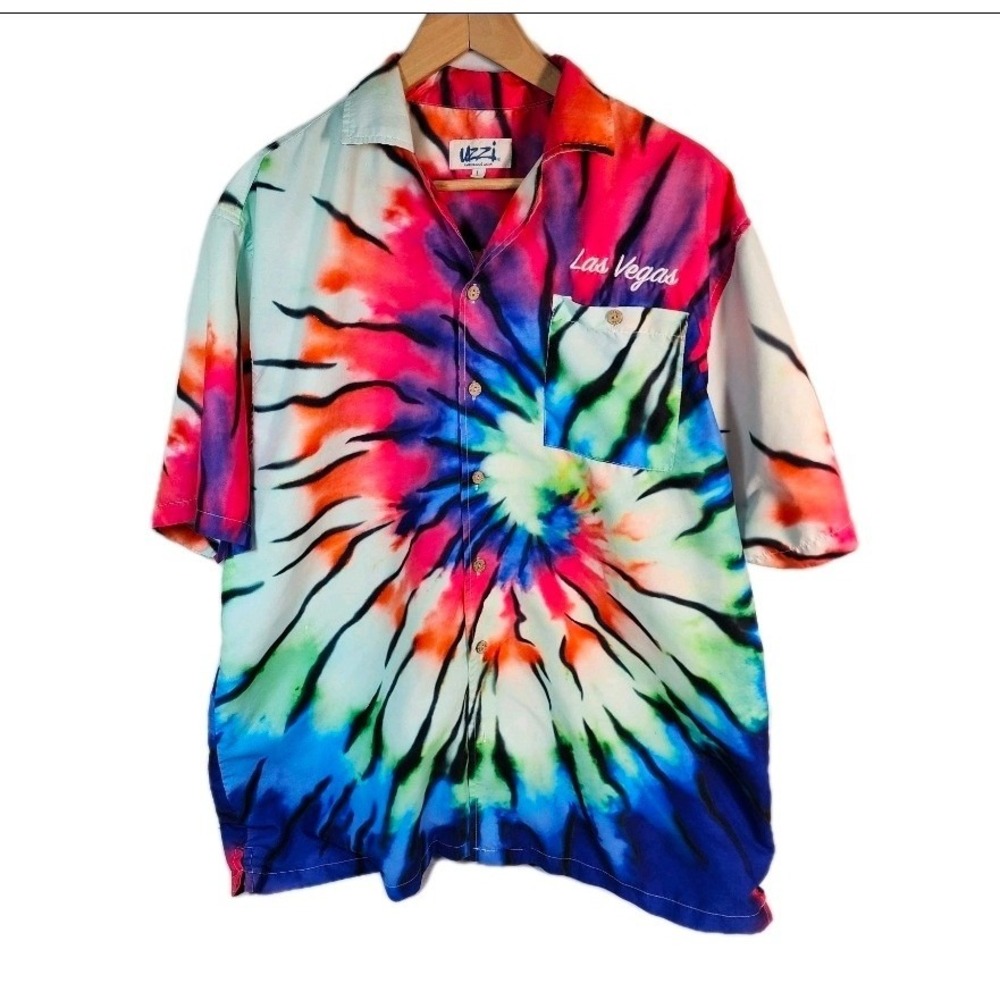 UZZI Mens‎ Large Tie Dye Button Up Shirt Las Vegas Short Sleeve Polyester